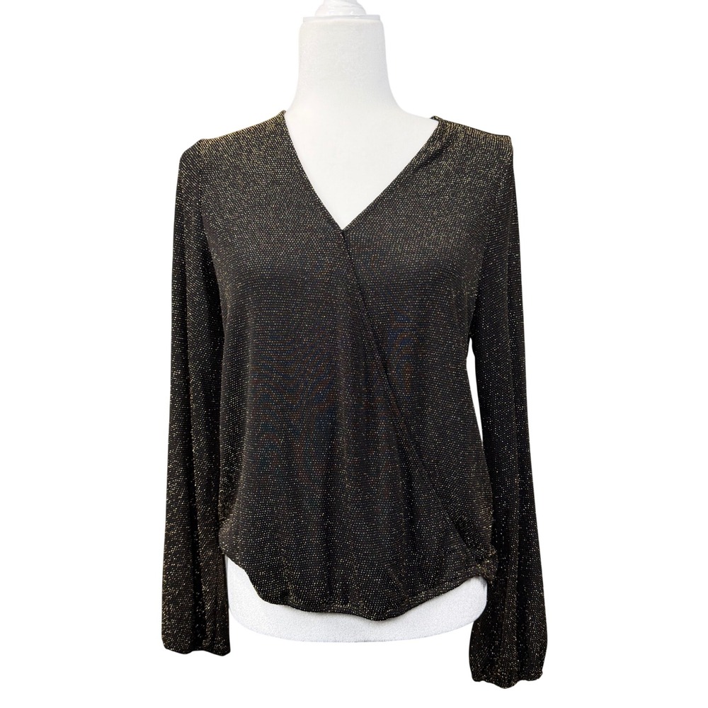 Anthropologie If By Sea Wrap Blouse Womens M Black Gold Metallic Shimmer Party